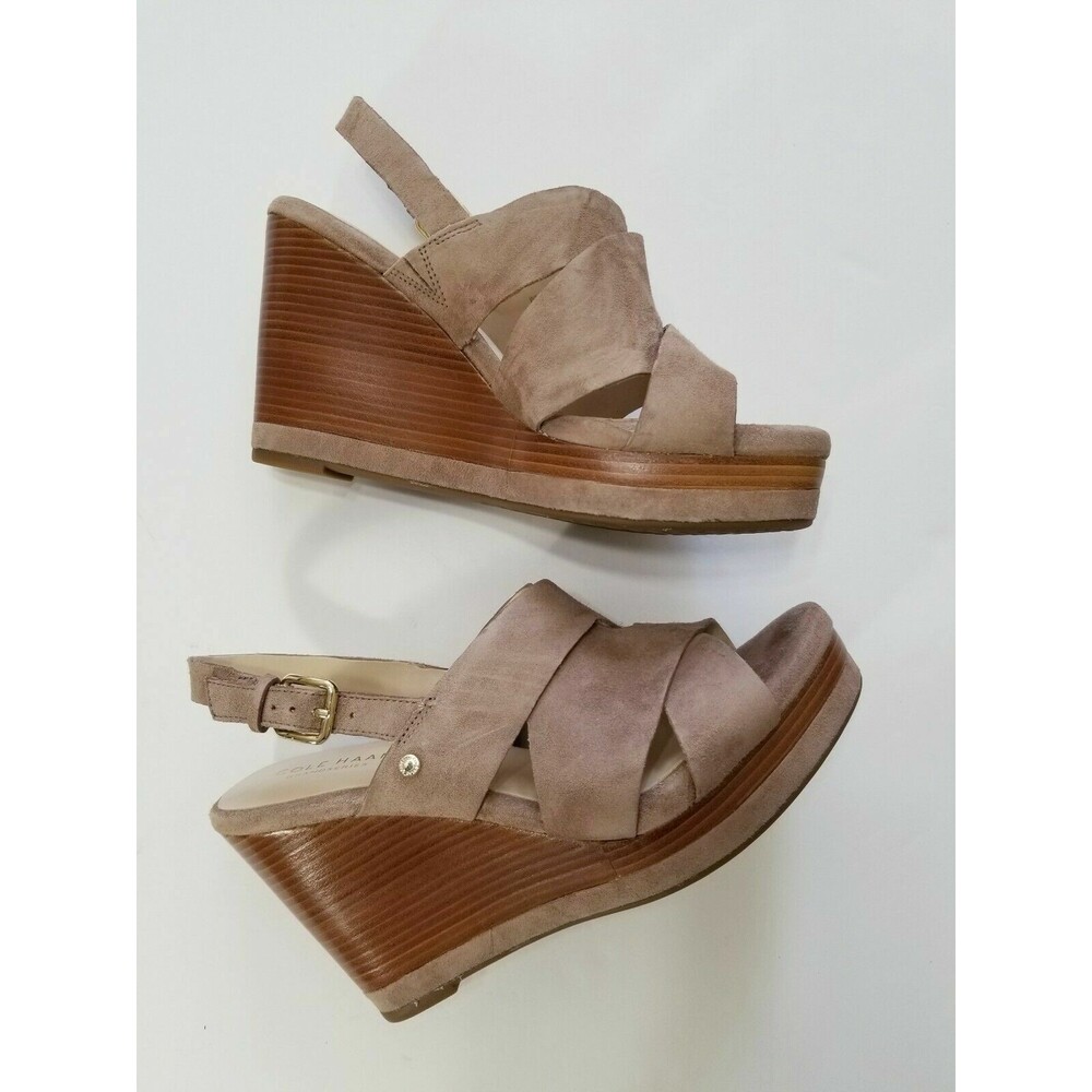 Cole Haan Laci Suede Platform Slingback Wedge Sandal Stone Taupe NIB Size 9 9.5 - Picture 11 of 15
